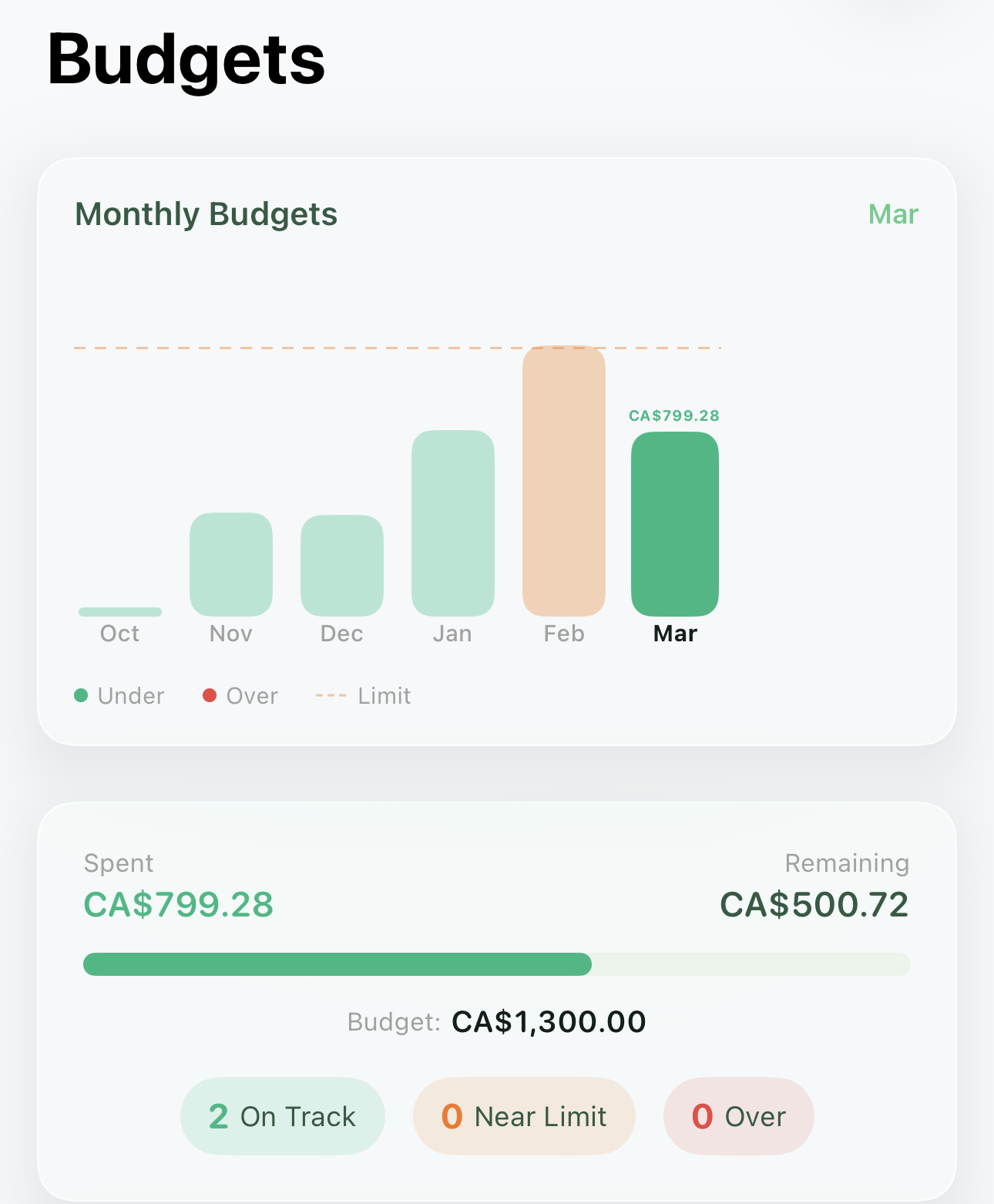 TrackE5 budget tracker showing monthly spending bars, budget limit, spent vs remaining progress