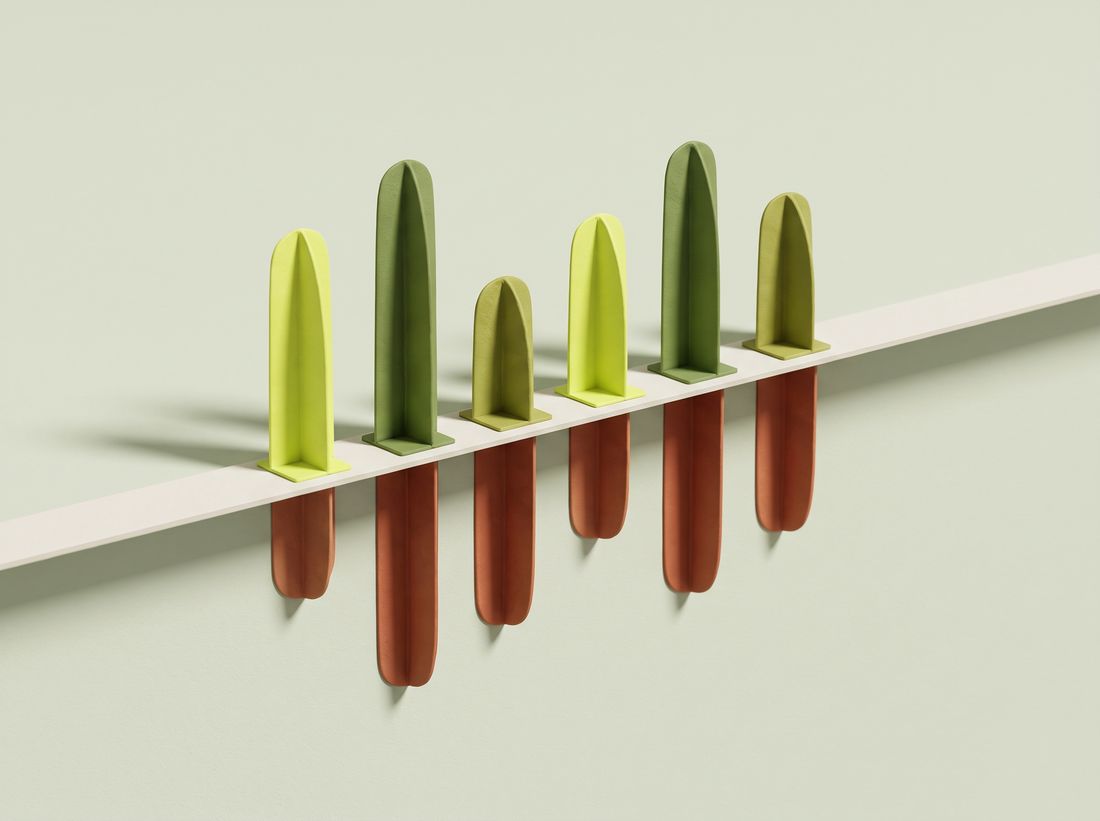 A sculpted cashflow chart: green bars rising above a baseline rail and terracotta bars hanging below it