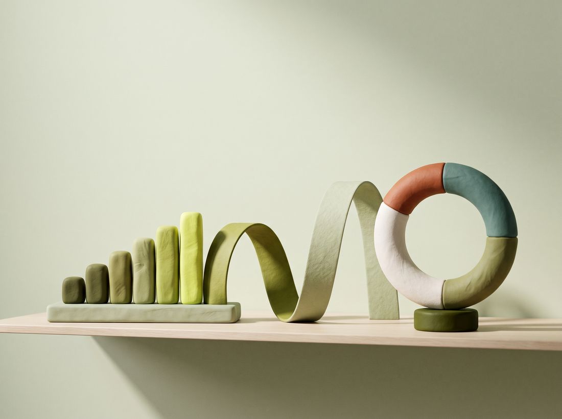 A sculpted dashboard on a shelf: a rising bar chart, a trend line curving over it, and a segmented category ring