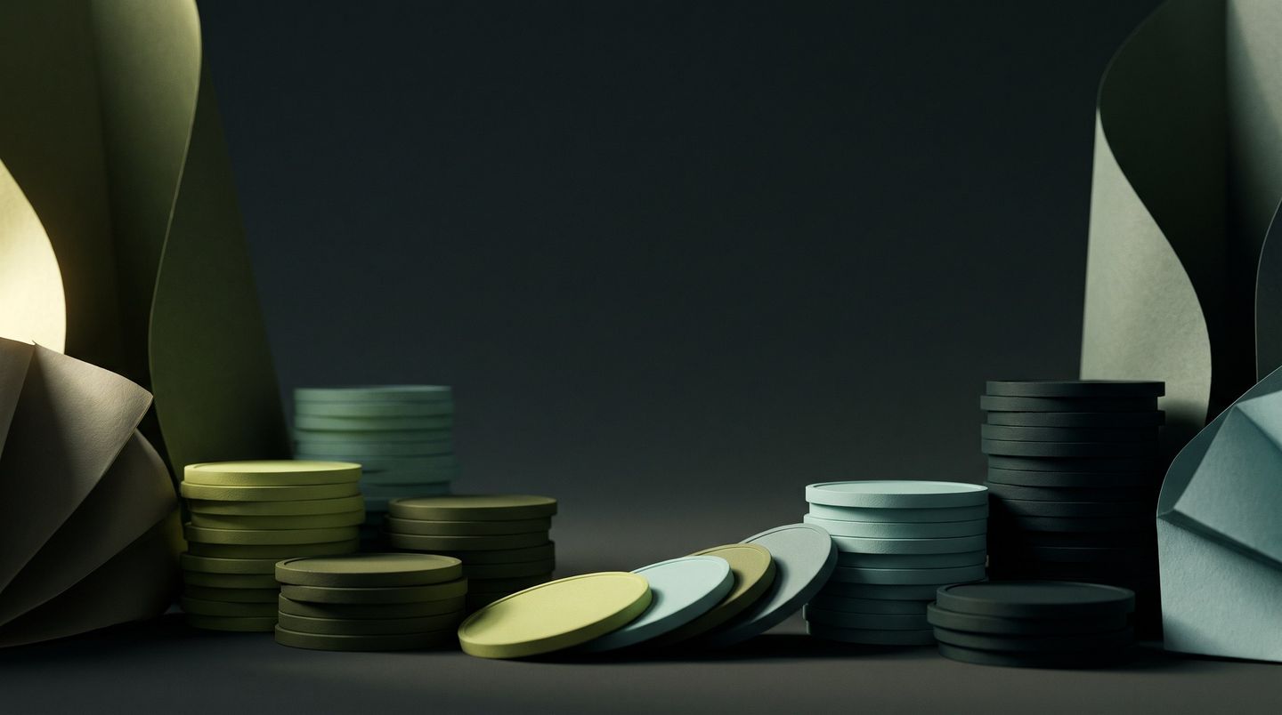 Two separate stacks of sculpted coins in different colourways